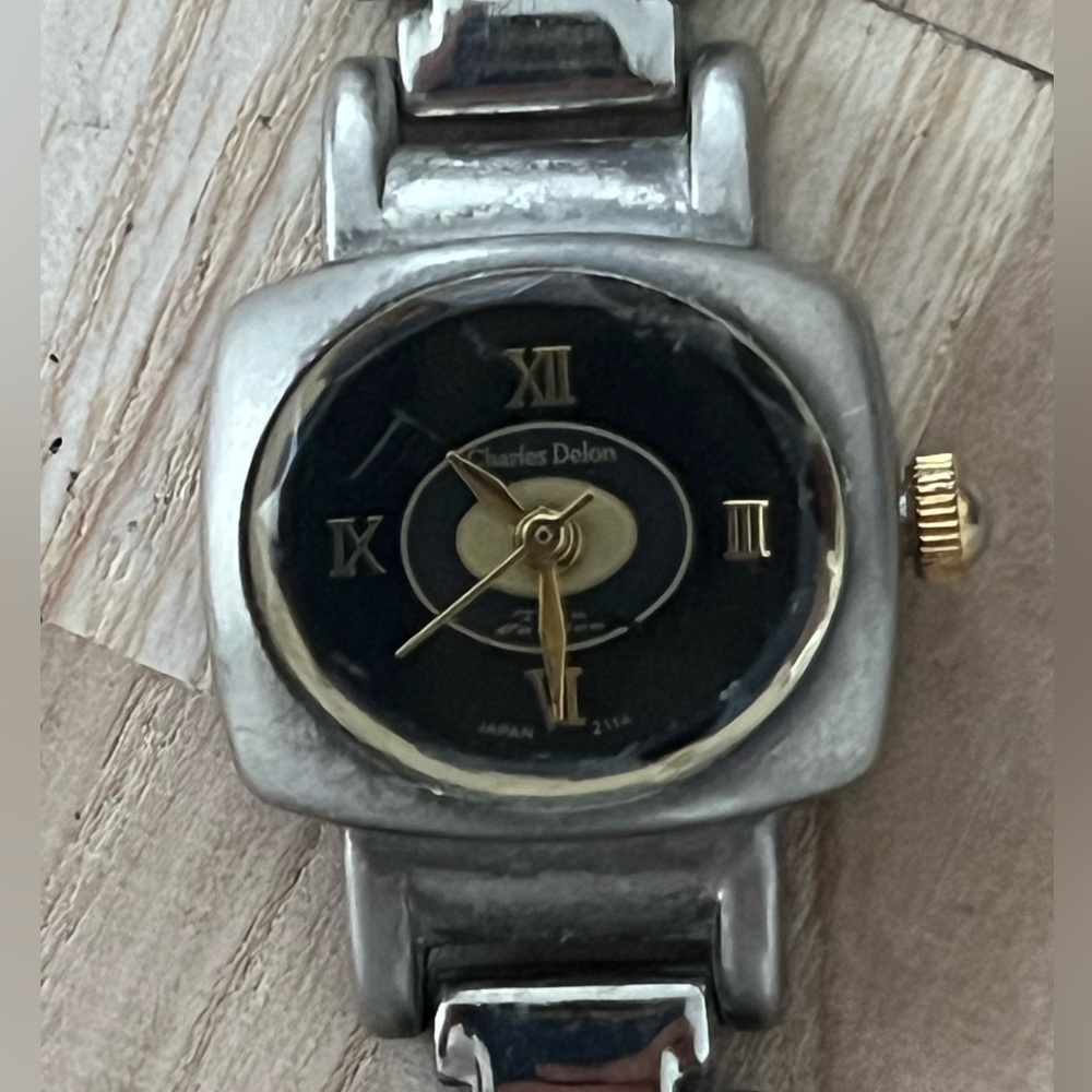 Charles Delon Vintage Ladies Watch Black Dial Stainless Bracelet Beveled Crystal